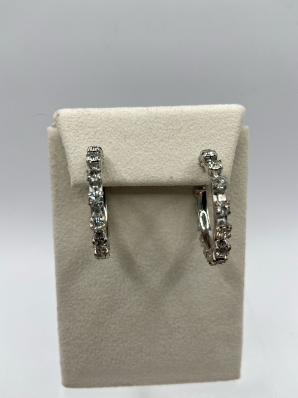 Vintage Silver Tone Clear Rhinestone Hoop Earrings 1” Pierced Contemporary